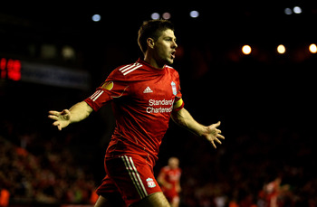 LIVERPOOL, ENGLAND - NOVEMBER 04:  Steven Gerrard of Liverpool celebrates scoring an equalising goal during the UEFA Europa League Group K match beteween Liverpool and SSC Napoli at Anfield on November 4, 2010 in Liverpool, England.  (Photo by Clive Bruns