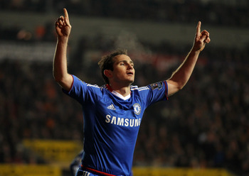 BLACKPOOL, ENGLAND - MARCH 07:  Frank Lampard of Chelsea celebrates scoring his team's second goal during the Barclays Premier League match between Blackpool and Chelsea at Bloomfield Road on March 7, 2011 in Blackpool, England.  (Photo by Alex Livesey/Ge