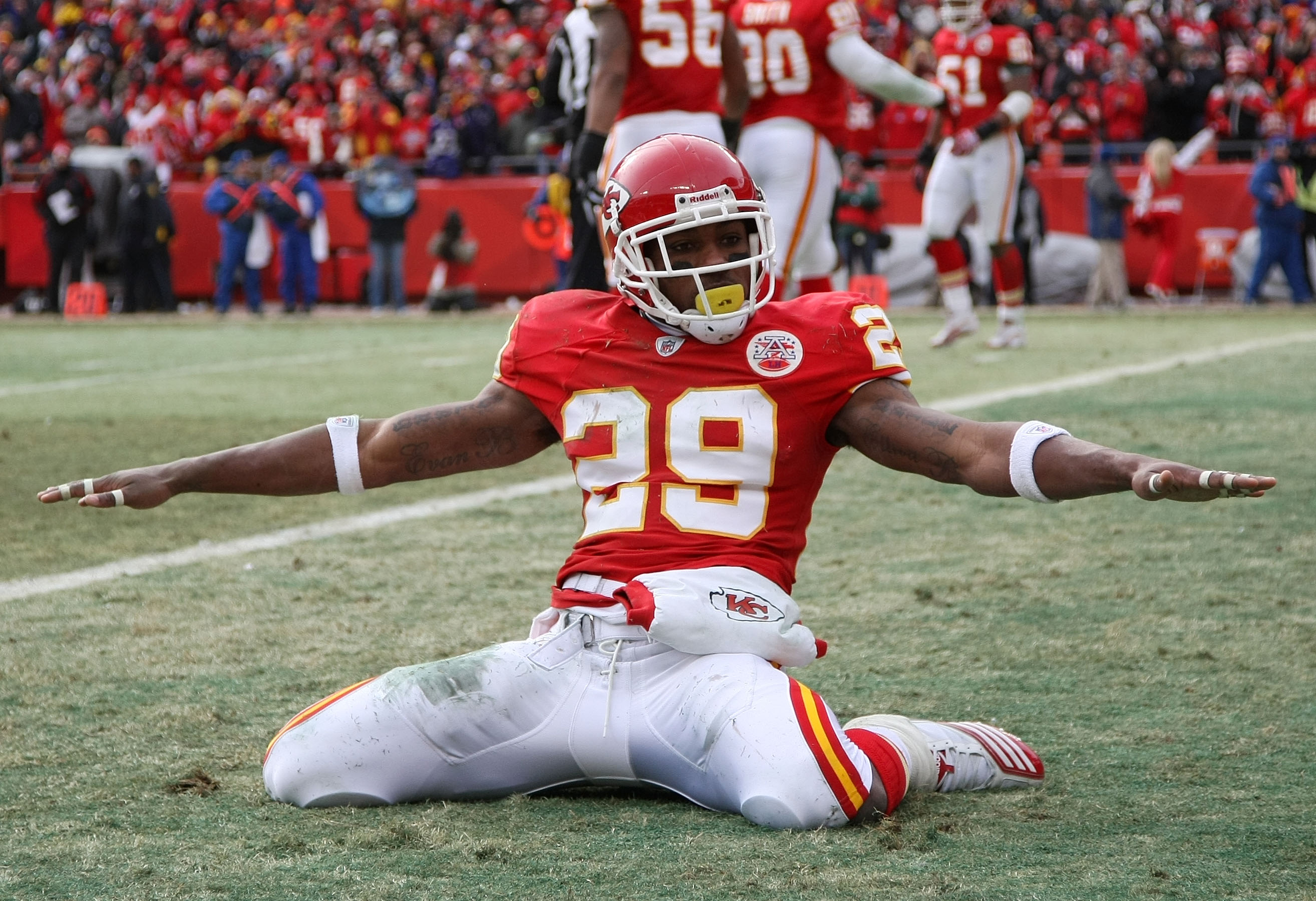 KANSAS CITY, MO - JANUARY 09:  Safety Eric Berry #29 of the Kansas City Chiefs celebrates after breaking up a pass to tight end Todd Heap #86 of the Baltimore Ravens in the endzone during their 2011 AFC wild card playoff game at Arrowhead Stadium on Janua