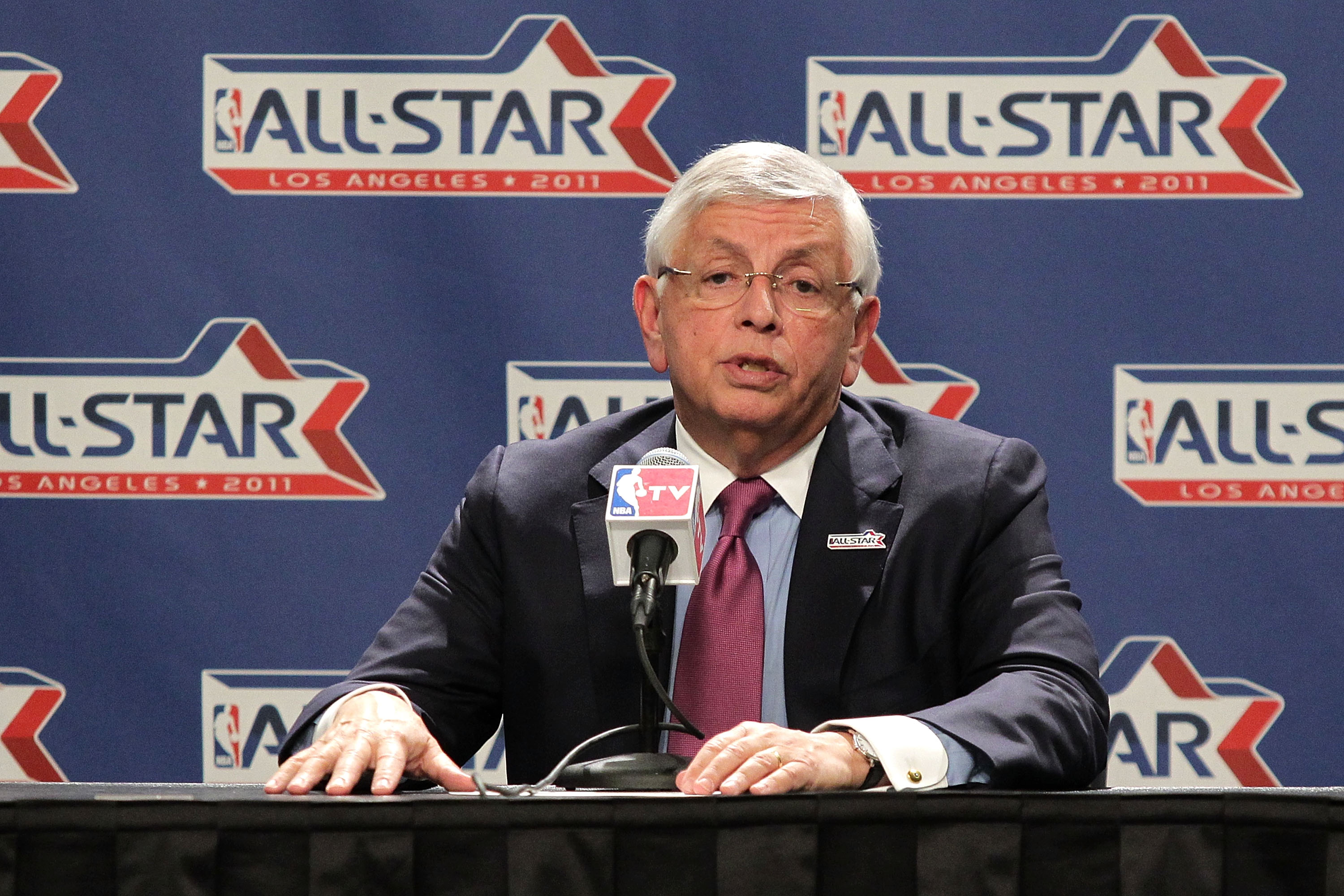 LOS ANGELES, CA - FEBRUARY 19:  NBA Commissioner David Stern addresses the media before the start of NBA All-Star Saturday Night at Staples Center on February 19, 2011 in Los Angeles, California.  (Photo by Noel Vasquez/Getty Images)