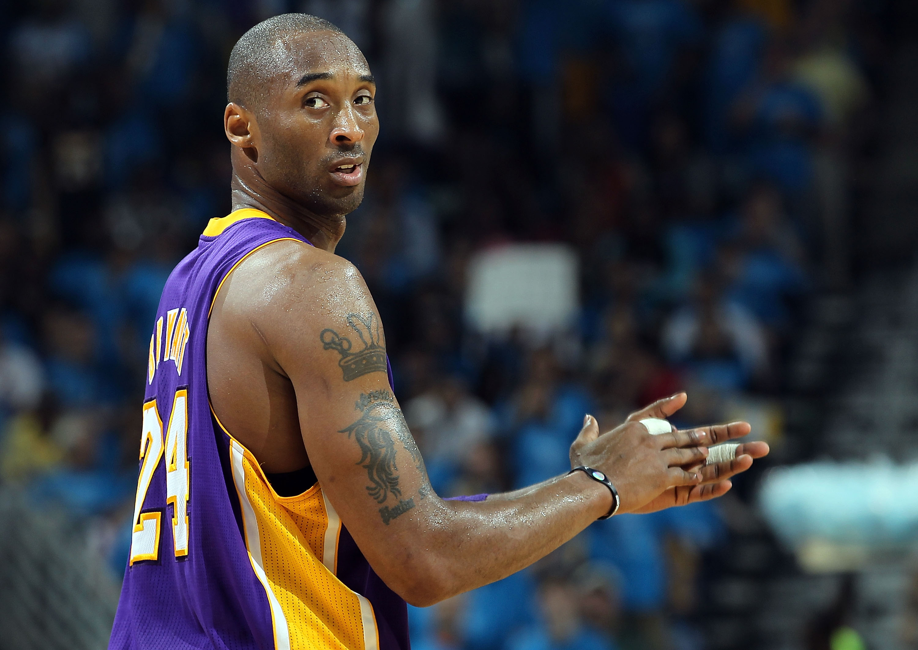 NEW ORLEANS, LA - APRIL 28:  Kobe Bryant #24 of the Los Angeles Lakers reacts during play against the New Orleans Hornets in Game Six of the Western Conference Quarterfinals in the 2011 NBA Playoffs on April 28, 2011 at New Orleans Arena in New Orleans, L