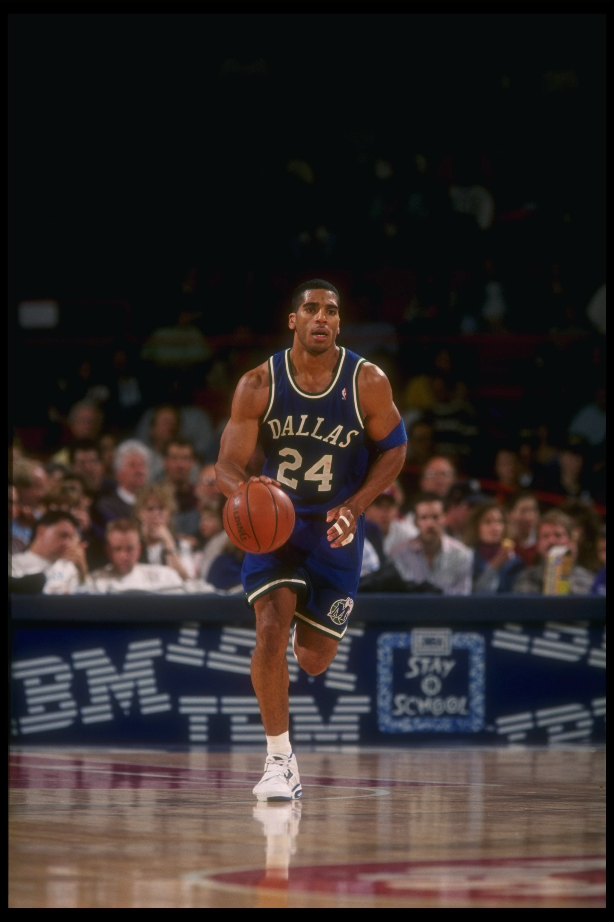 1993:  Guard Jim Jackson of the Dallas Mavericks moves the ball during versus the Denver Nuggets at the McNichols Arena in Denver, Colorado. Mandatory Credit: Tim DeFrisco  /Allsport Mandatory Credit: Tim DeFrisco  /Allsport