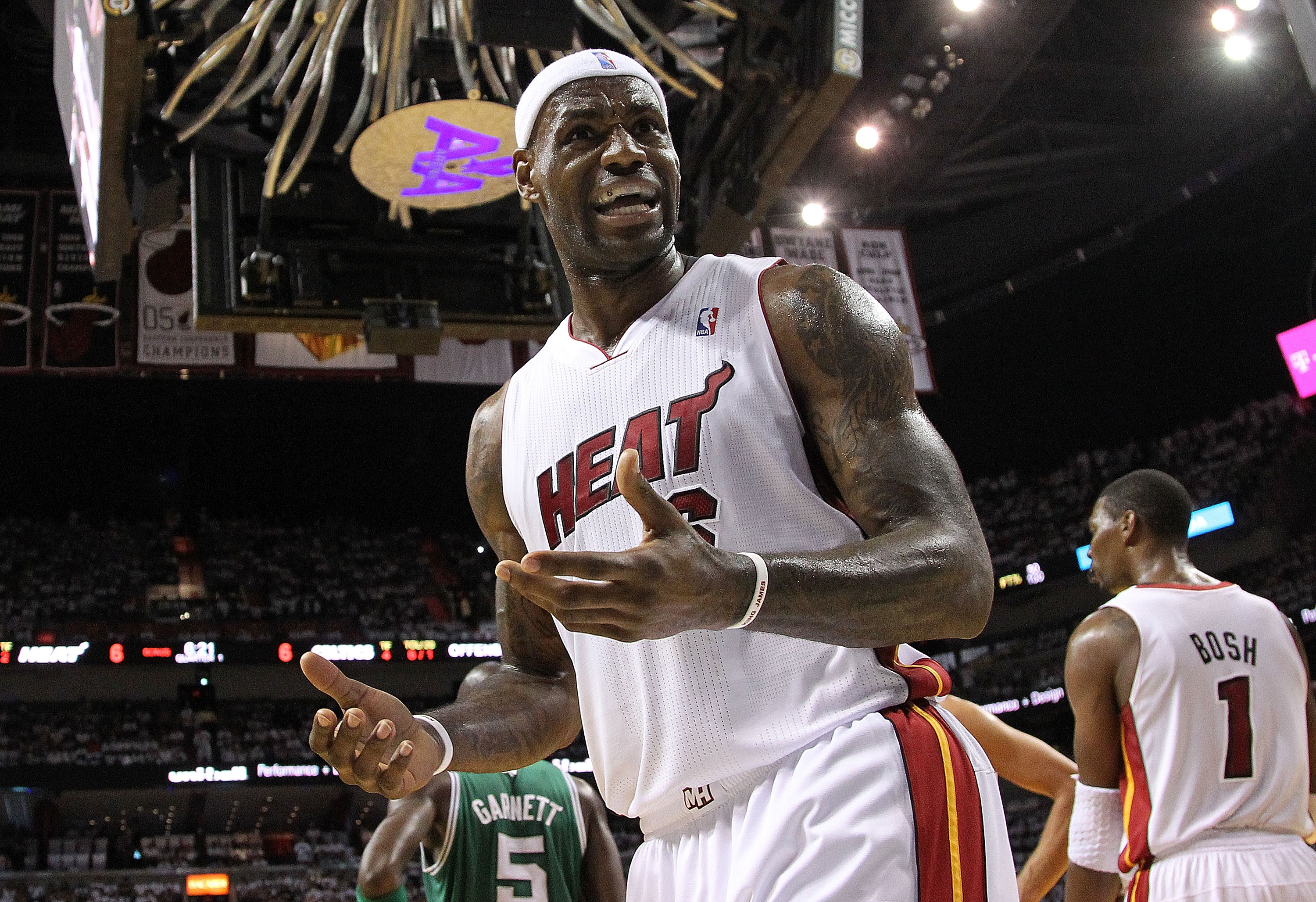 MIAMI, FL - MAY 01:  LeBron James #6 of the Miami Heat reacts after a foul during Game One of the Eastern Conference Semifinals of the 2011 NBA Playoffs against the Boston Celtics at American Airlines Arena on May 1, 2011 in Miami, Florida. NOTE TO USER: