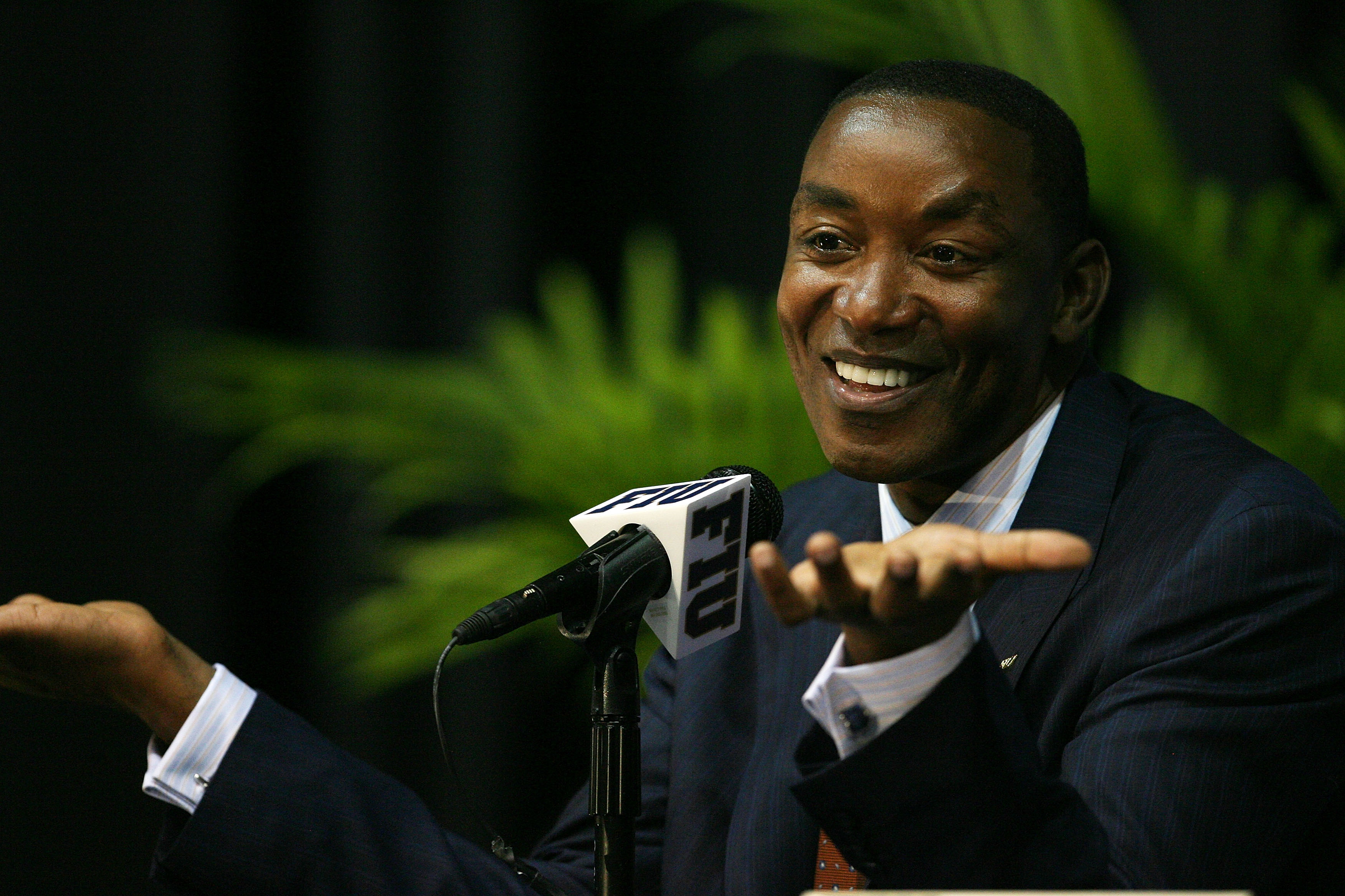 MIAMI - APRIL 15:  Isiah Thomas talks to the media after Director of Athletics Pete Garcia introduced him as the new head coach for Florida International Univeristy men's basketball team at U.S.Century Bank Arena on April 15, 2009 in Miami, Florida.  (Pho