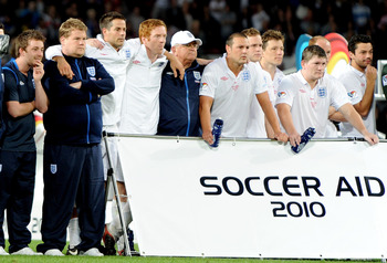MANCHESTER, ENGLAND - JUNE 06:  James Corden and the England team participate in Soccer Aid in aid of UNICEF at Old Trafford on June 6, 2010 in Manchester, England.  (Photo by Shirlaine Forrest/Getty Images)