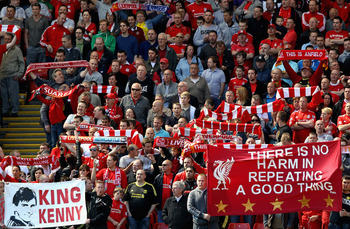 LIVERPOOL, ENGLAND - MAY 01:   Liverpool fans on the Kop display banners in support of their manager Kenny Dalglish the Barclays Premier League match between Liverpool  and Newcastle United at Anfield on May 1, 2011 in Liverpool, England.  (Photo by Clive