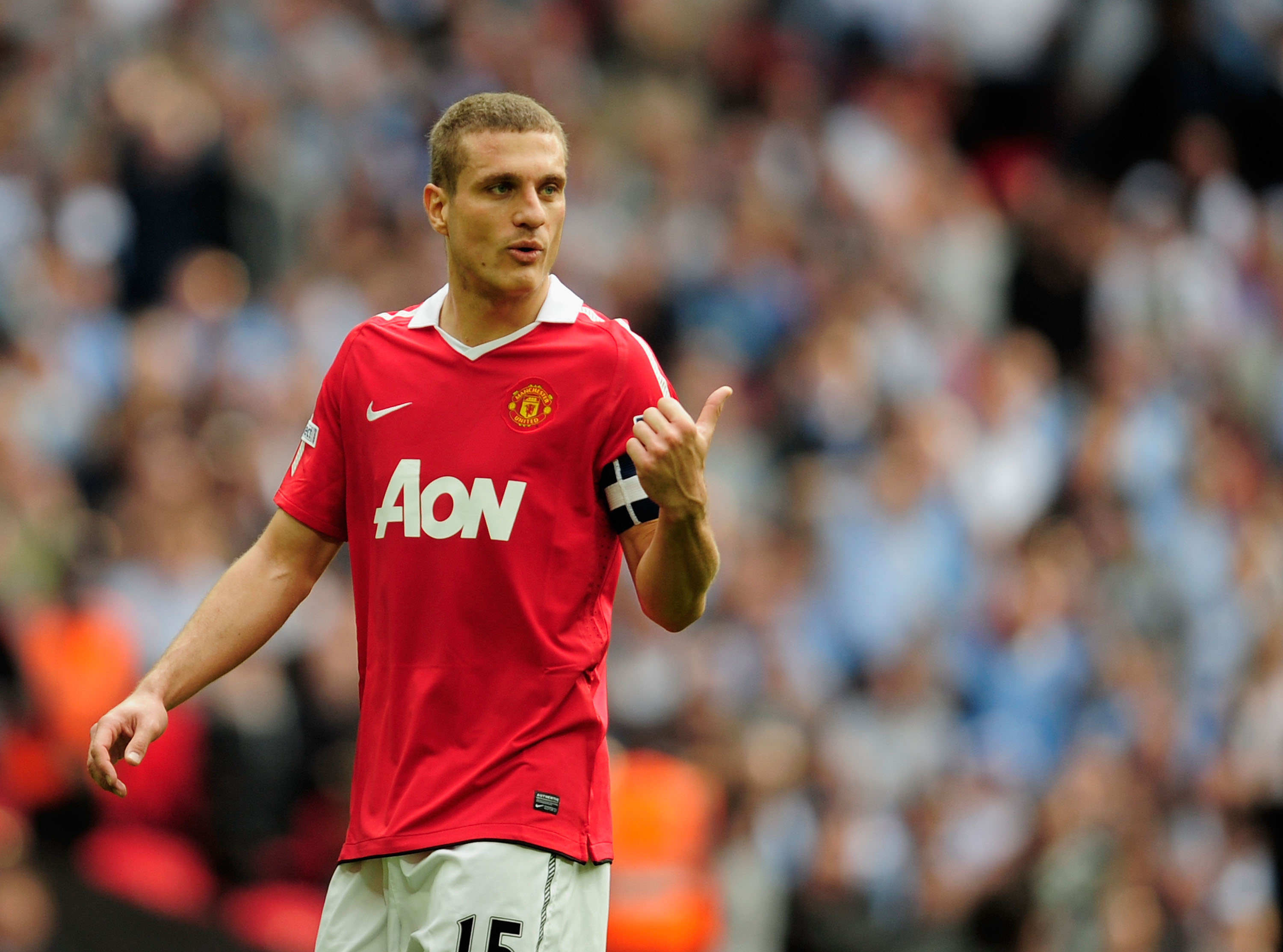 LONDON, ENGLAND - APRIL 16: Nemanja Vidic of Manchester United gestures during the FA Cup sponsored by E.ON semi final match between Manchester City and Manchester United at Wembley Stadium on April 16, 2011 in London, England.  (Photo by Jamie McDonald/G