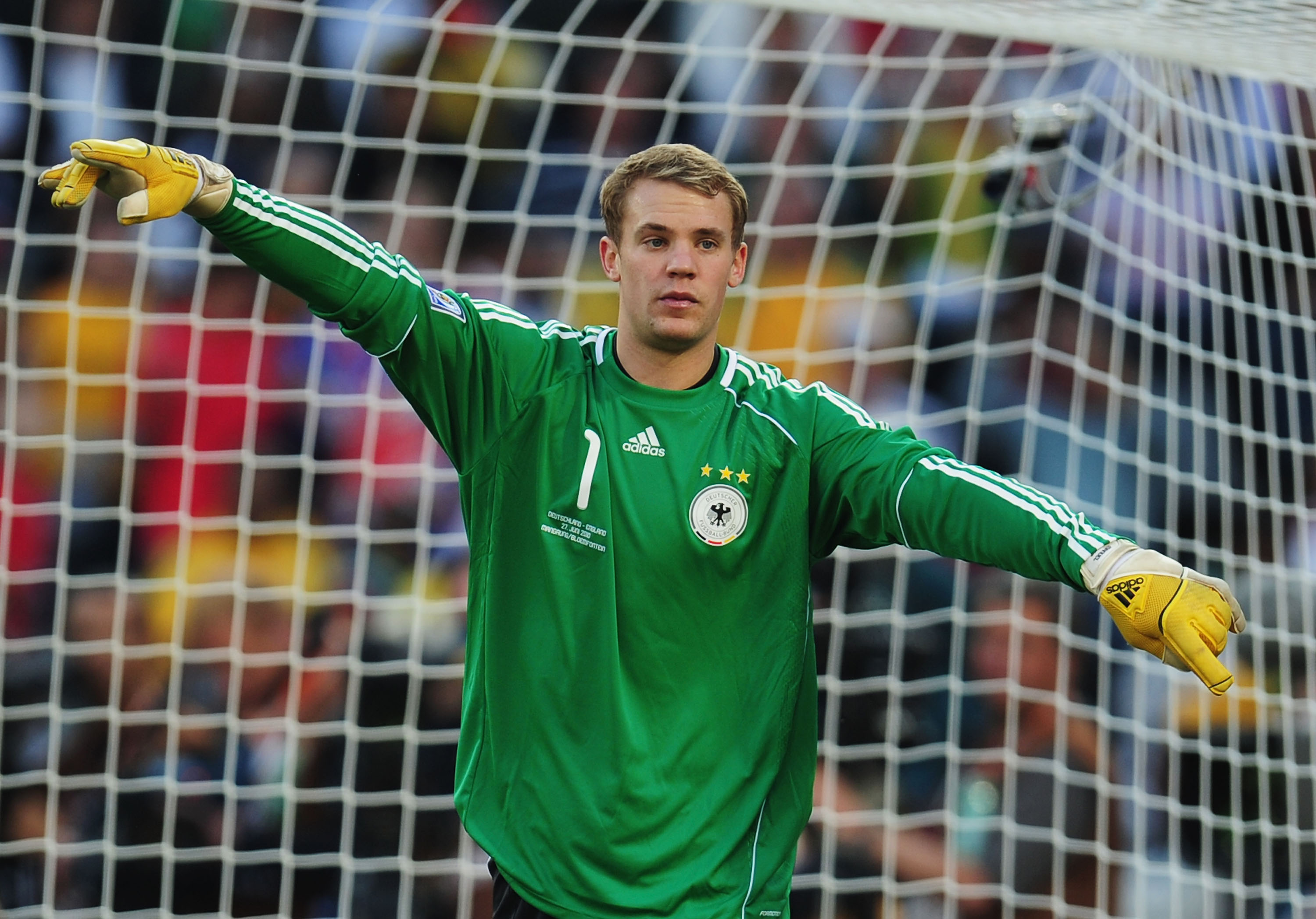 BLOEMFONTEIN, SOUTH AFRICA - JUNE 27: Manuel Neuer of Germany in action during the 2010 FIFA World Cup South Africa Round of Sixteen match between Germany and England at Free State Stadium on June 27, 2010 in Bloemfontein, South Africa.  (Photo by Clive M