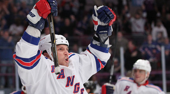 NEW YORK - MARCH 06:  Sean Avery #16 of the New York Rangers celebrates a goal that was called back against the Philadelphia Flyers during their game on March 6, 2011 at Madison Square Garden in New York City, New York.  (Photo by Al Bello/Getty Images)