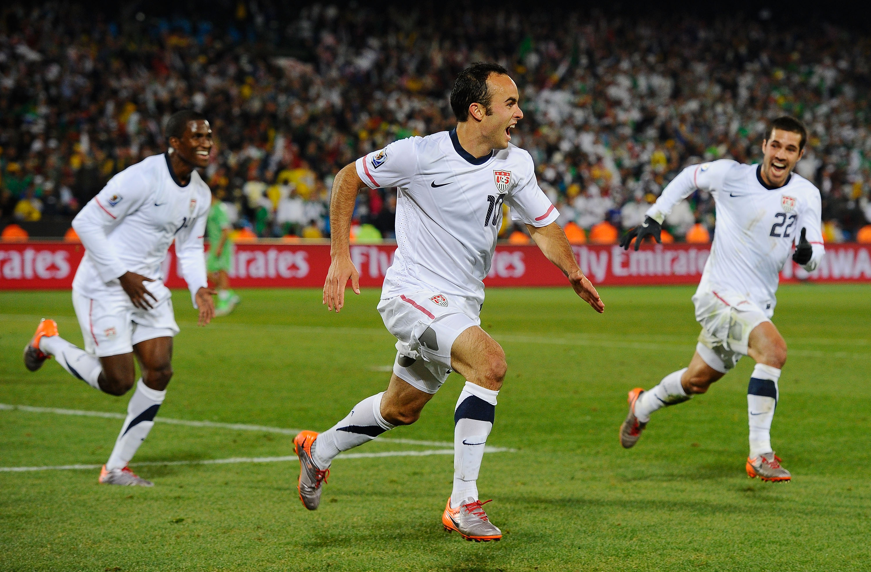 PRETORIA, SOUTH AFRICA - JUNE 23:  Landon Donovan of the United States celebrates scoring the winning goal that sends the USA through to the second round during the 2010 FIFA World Cup South Africa Group C match between USA and Algeria at the Loftus Versf