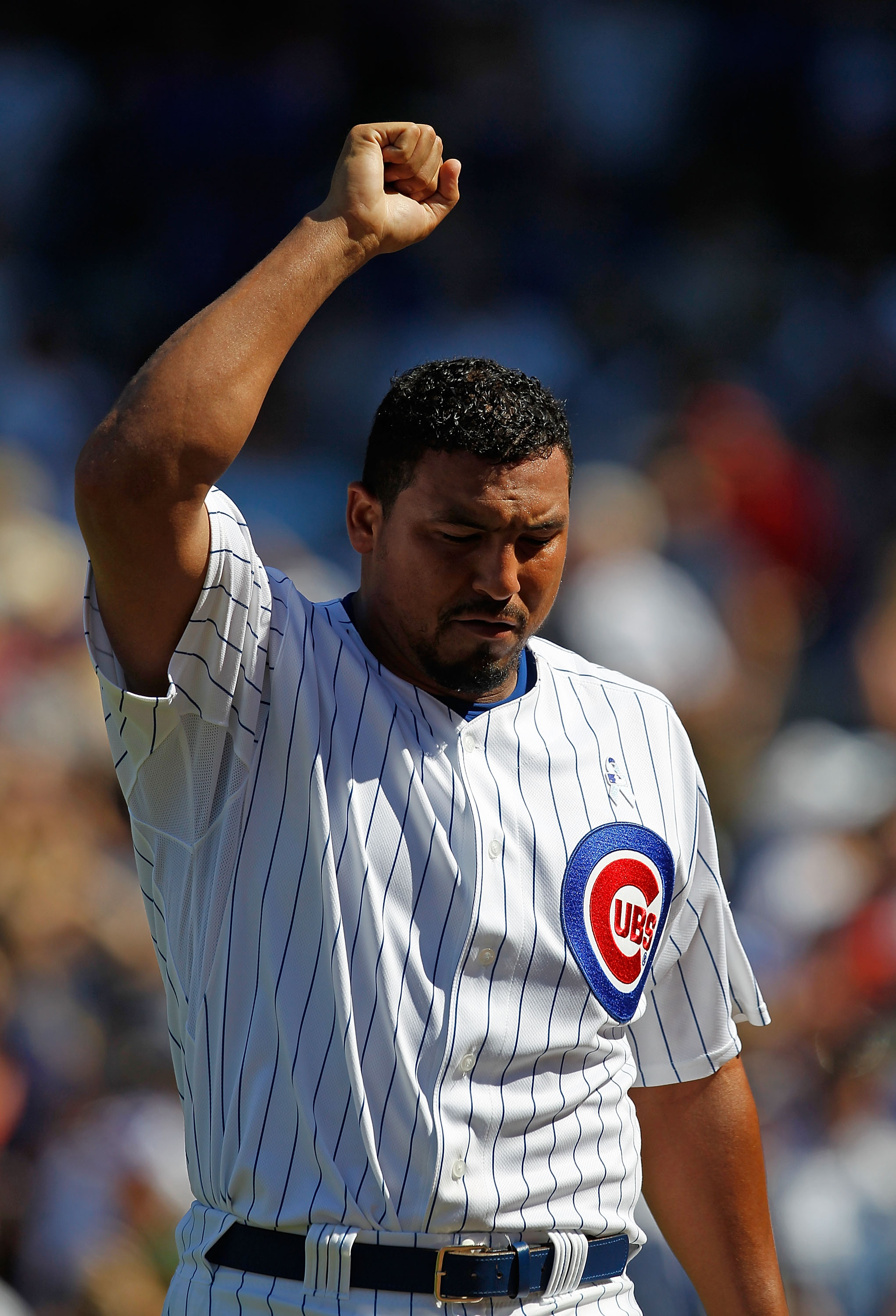 CHICAGO - JUNE 20: Carlos Zambrano #38 of the Chicago Cubs celebrates getting out of an inning-ending jam against the Los Angeles Angels of Anaheim at Wrigley Field on June 20, 2010 in Chicago, Illinois. The Cubs defeated the Angels 12-1. (Photo by Jonath