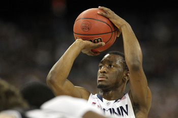 HOUSTON, TX - APRIL 04:  Kemba Walker #15 of the Connecticut Huskies at the free throw line against the Butler Bulldogs during the National Championship Game of the 2011 NCAA Division I Men's Basketball Tournament at Reliant Stadium on April 4, 2011 in Ho