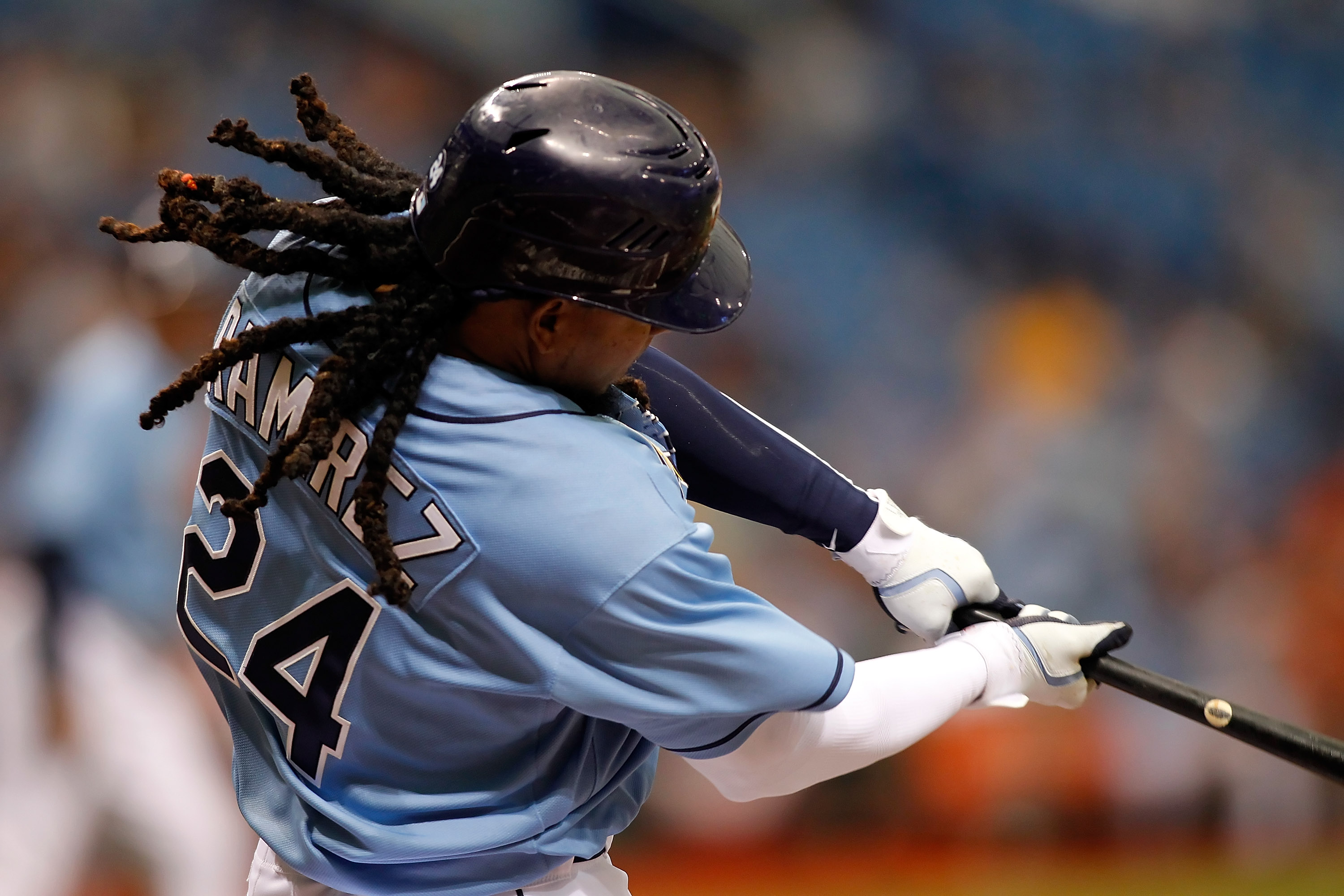 ST. PETERSBURG, FL - APRIL 03:  Designated hitter Manny Ramirez #24 of the Tampa Bay Rays bats against the Baltimore Orioles during the game at Tropicana Field on April 3, 2011 in St. Petersburg, Florida.  (Photo by J. Meric/Getty Images)