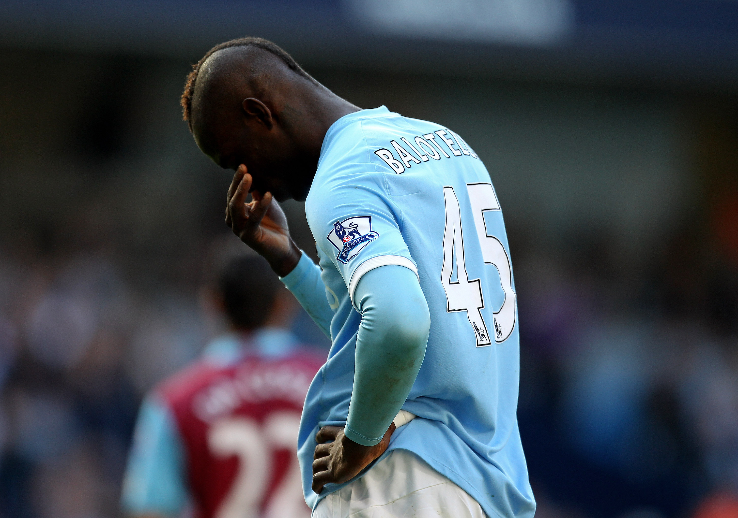 MANCHESTER, ENGLAND - MAY 01:  Mario Balotelli of Manchester City reacts during the Barclays Premier League match between Manchester City and West Ham United at the City of Manchester Stadium on May 1, 2011 in Manchester, England.  (Photo by Alex Livesey/