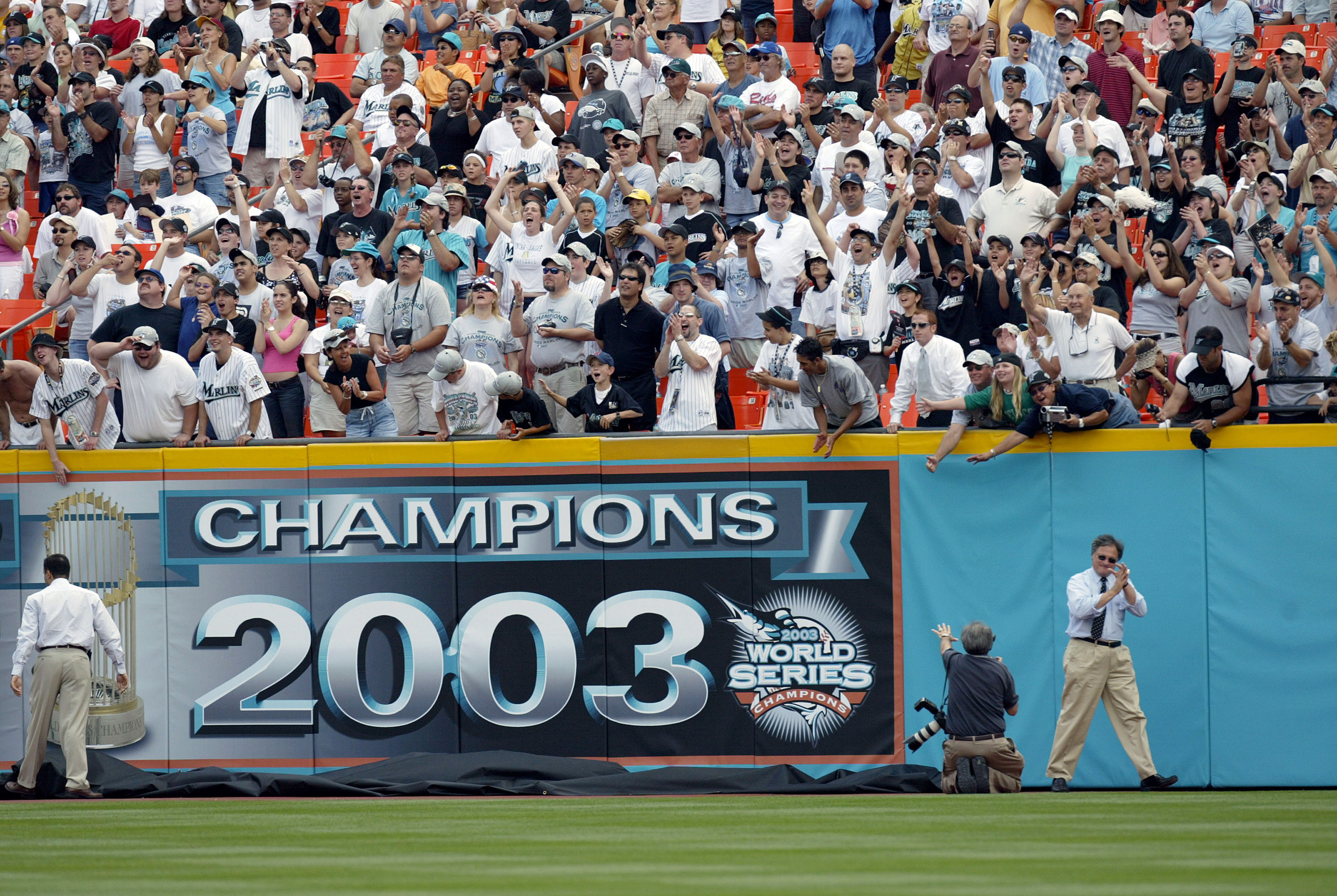 World Series Champions banner hans from the outfield wall after the News  Photo - Getty Images