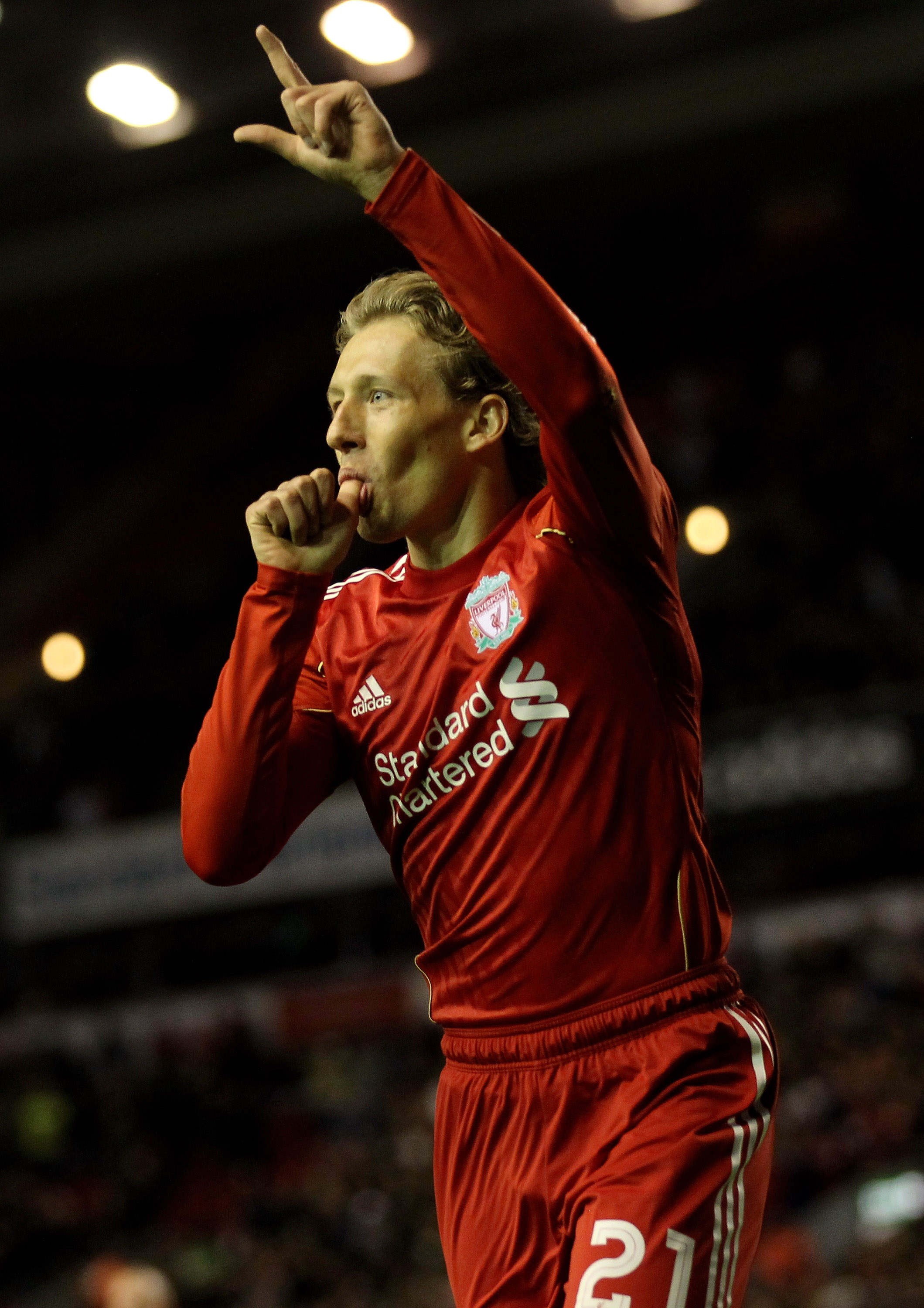LIVERPOOL, ENGLAND - SEPTEMBER 16 : Lucas of Liverpool celebrates scoring his team's third goal during the UEFA Europa League Group K match beteween Liverpool and Steaua Bucharest at Anfield on September 16, 2010 in Liverpool, England.  (Photo by Alex Liv