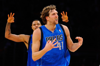 LOS ANGELES, CA - MAY 04:  Dirk Nowitzki #41 of the Dallas Mavericks reacts after making a three-pointer in the third quarter while taking on the Los Angeles Lakers in Game Two of the Western Conference Semifinals in the 2011 NBA Playoffs at Staples Cente