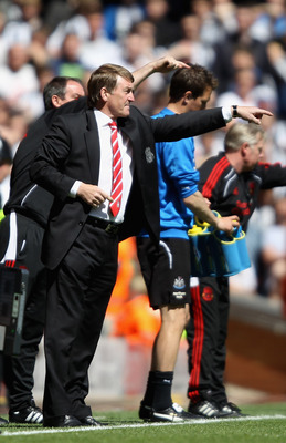 LIVERPOOL, ENGLAND - MAY 01:  Liverpool manager Kenny Dalglish gives instructions to his team during the Barclays Premier League match between Liverpool  and Newcastle United at Anfield on May 1, 2011 in Liverpool, England.  (Photo by Clive Brunskill/Gett