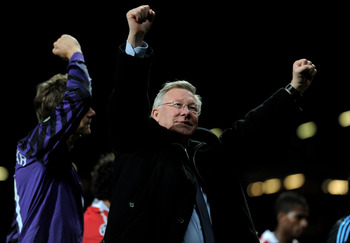 MANCHESTER, ENGLAND - MAY 04:  Manchester United Manager Sir Alex Ferguson celebrates at the end of the UEFA Champions League Semi Final second leg match between Manchester United and Schalke at Old Trafford on May 4, 2011 in Manchester, England.  (Photo