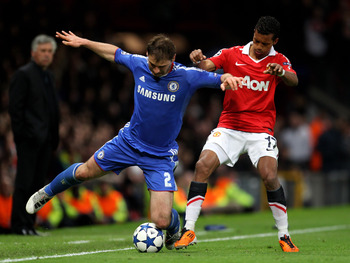 MANCHESTER, ENGLAND - APRIL 12:  Branislav Ivanovic of Chelsea competes with Nani of Manchester United during the UEFA Champions League Quarter Final second leg match between Manchester United and Chelsea at Old Trafford on April 12, 2011 in Manchester, E
