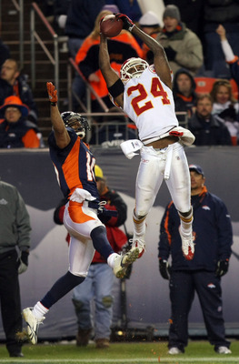 DENVER - JANUARY 03: Brandon Flowers #24 of the Kansas City Chiefs intercepts a pass which was intended for Jabar Gaffney #10 of the Broncos during the fourth quarter at Invesco Field at Mile High on January 3, 2010 in Denver, Colorado. (Photo by Doug Pen
