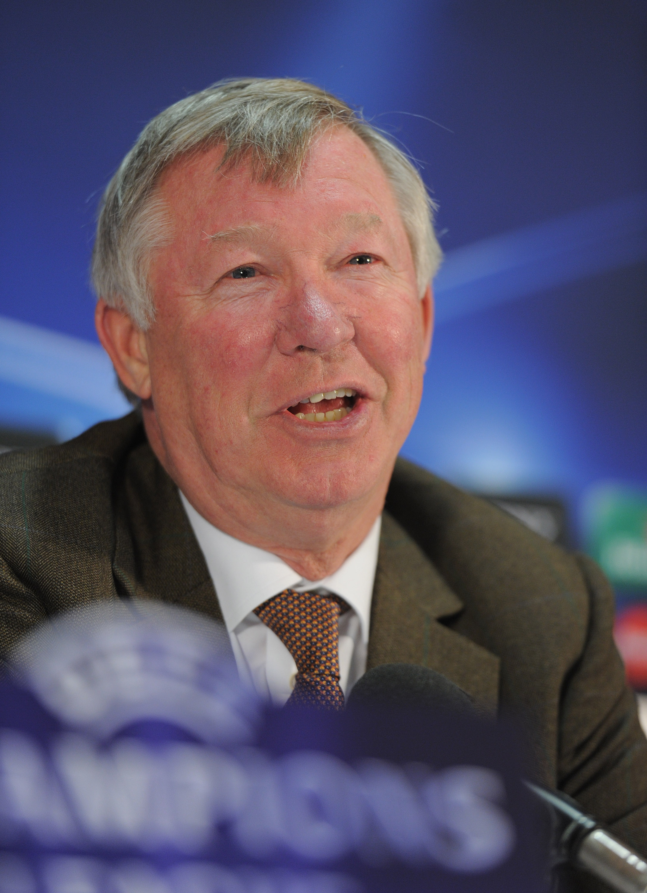 MANCHESTER, ENGLAND - MAY 03:  Sir Alex Ferguson speaks to the media during a press conference ahead of their UEFA Champions League semi final second leg match against Schalke 04 at the Carrington Training Ground on May 3, 2011 in Manchester, England.  (P