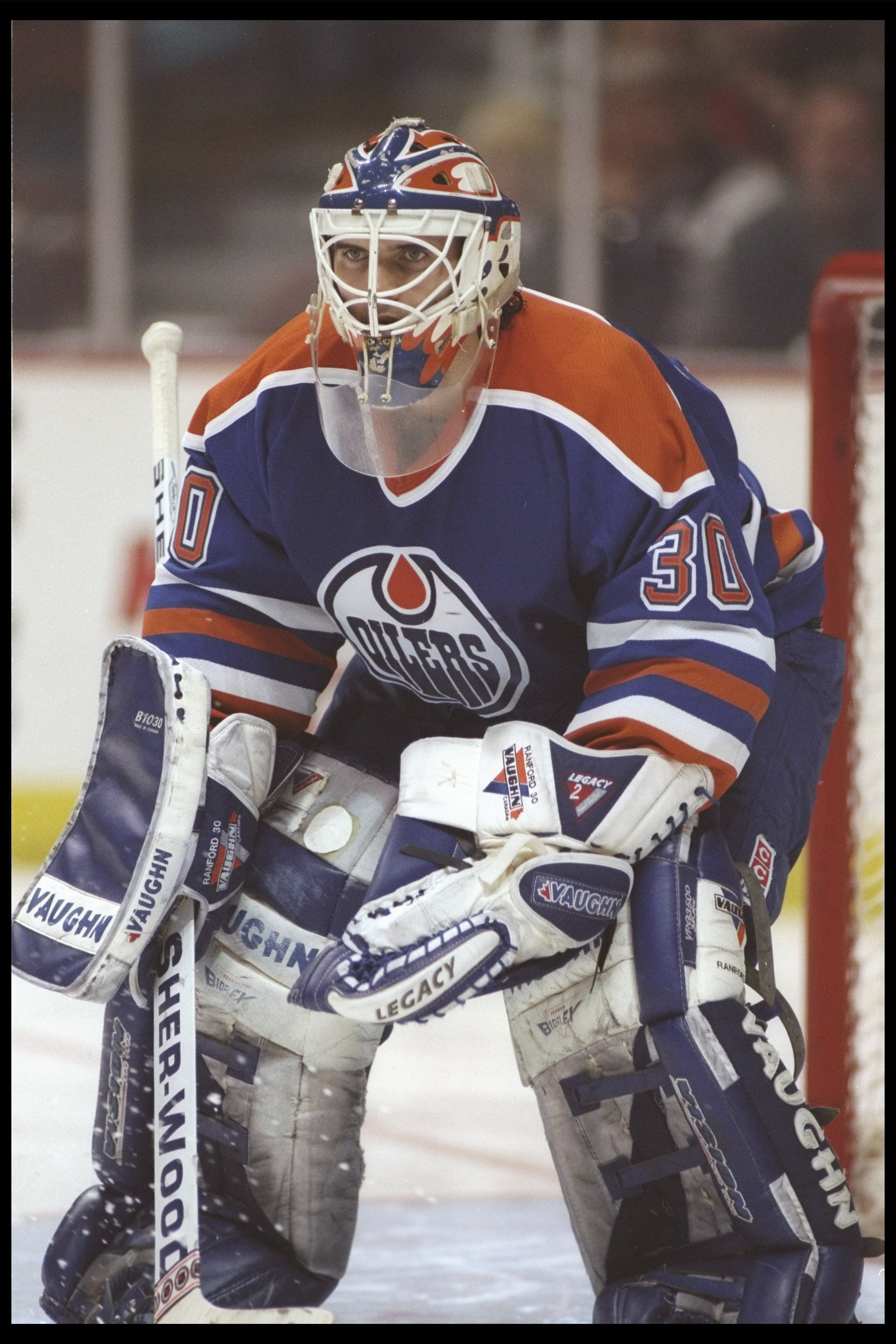 10 Dec 1995:  Goaltender Bill Ranford of the Edmonton Oilers looks on during a game against the Anaheim Mighty Ducks at Arrowhead Pond in Anaheim, California.  The Oilers won the game, 3-1. Mandatory Credit: Jamie Squire  /Allsport