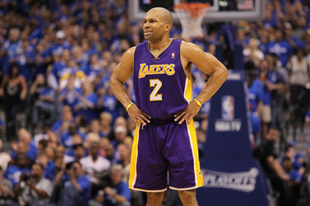 DALLAS, TX - MAY 06:  Guard Derek Fisher #2 of the Los Angeles Lakers reacts against the Dallas Mavericks in Game Three of the Western Conference Semifinals during the 2011 NBA Playoffs on May 6, 2011 at American Airlines Center in Dallas, Texas.  NOTE TO