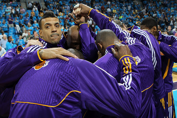 NEW ORLEANS, LA - APRIL 28:  Matt Barnes #9 and Los Angeles Lakers huddle before a game against the New Orleans Hornets in Game Six of the Western Conference Quarterfinals in the 2011 NBA Playoffs on April 28, 2011 at New Orleans Arena in New Orleans, Lou