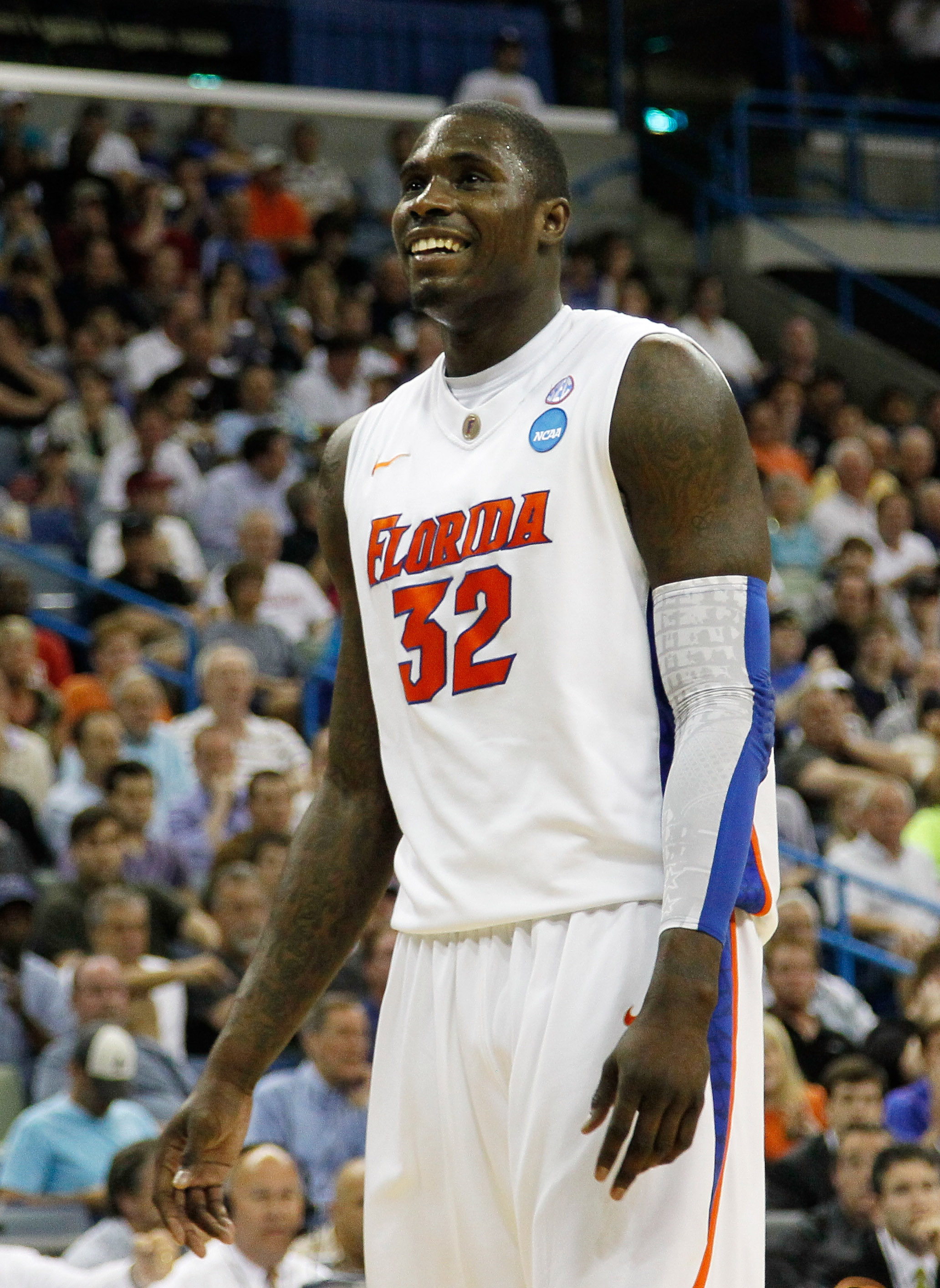 NEW ORLEANS, LA - MARCH 26: Vernon Macklin #32 of the Florida Gators reacts after earining a foul in the second half of their game against the Butler Bulldogs during the Southeast regional final of the 2011 NCAA men's basketball tournament at New Orleans