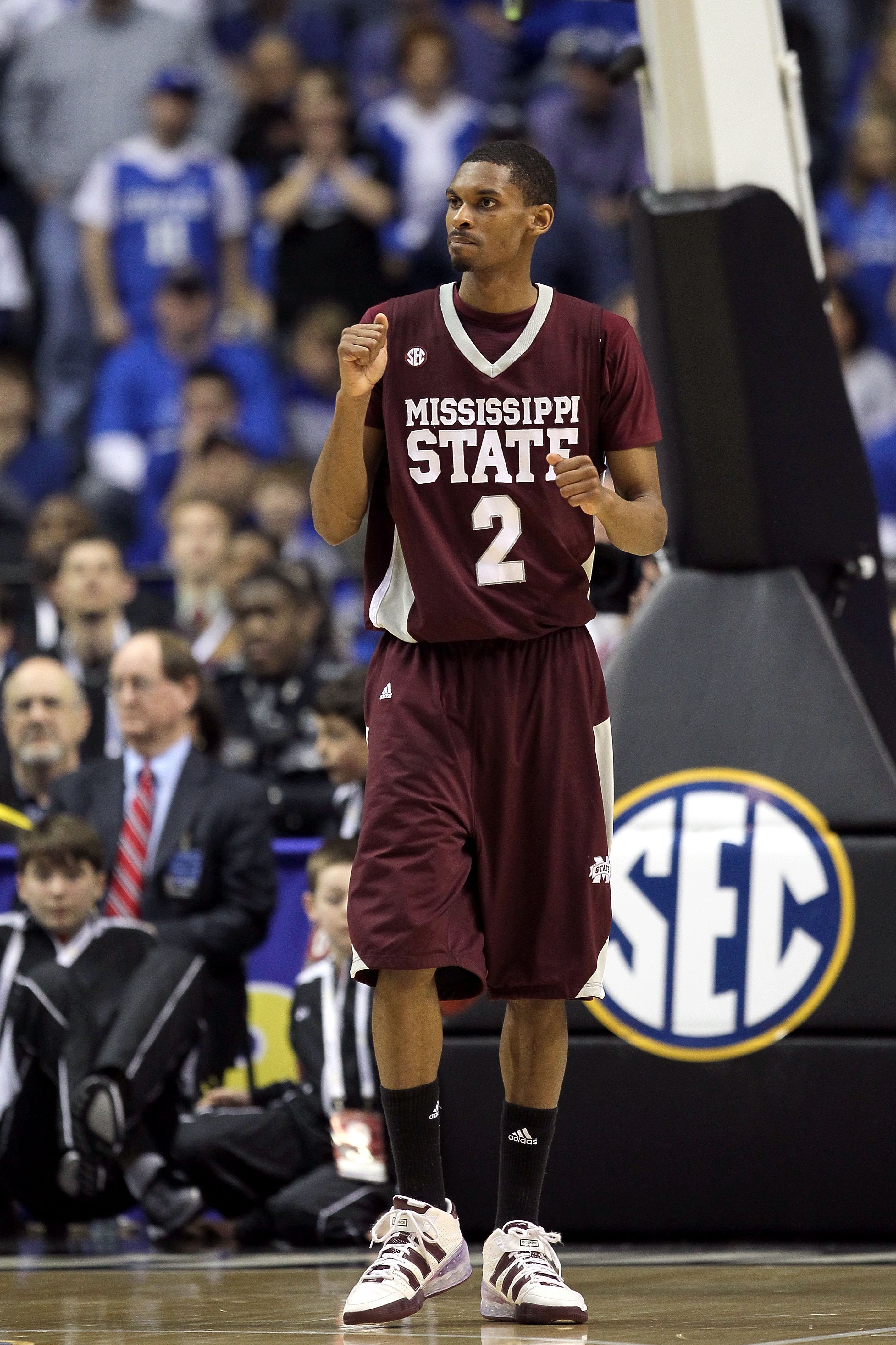 NASHVILLE, TN - MARCH 14:  Ravern Johnson #2 of the Mississippi State Bulldogs reacts against the Kentucky Wildcats during the final of the SEC Men's Basketball Tournament at the Bridgestone Arena on March 14, 2010 in Nashville, Tennessee. Kentucky won 75