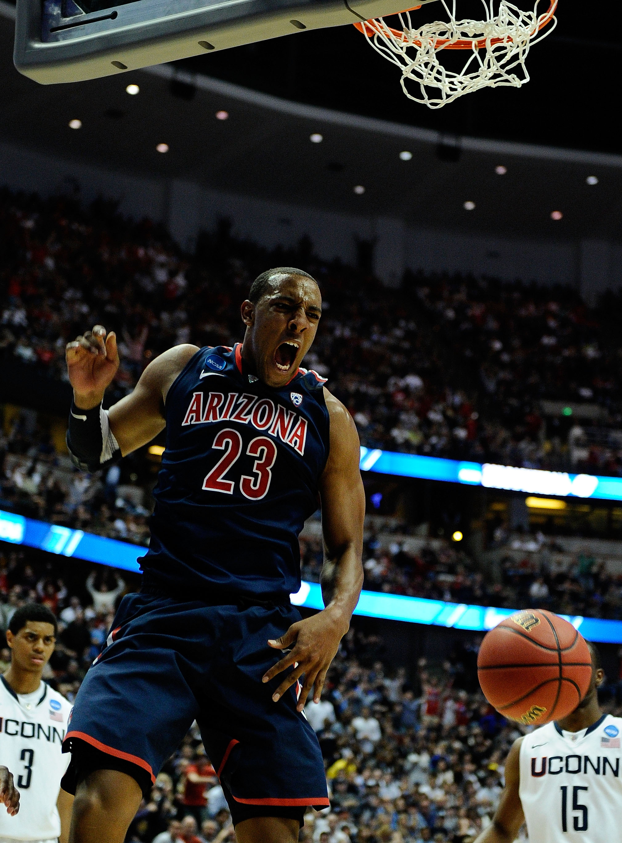 ANAHEIM, CA - MARCH 26:  Derrick Williams #23 of the Arizona Wildcats reacts after a dunk against of the Connecticut Huskies during the west regional final of the 2011 NCAA men's basketball tournament at the Honda Center on March 26, 2011 in Anaheim, Cali