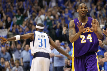 DALLAS, TX - MAY 08:  Guard Kobe Bryant #24 of the Los Angeles Lakers reacts after a three-point shot by Jason Terry #31 of the Dallas Mavericks in Game Four of the Western Conference Semifinals during the 2011 NBA Playoffs on May 8, 2011 at American Airl
