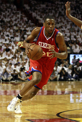 MIAMI, FL - APRIL 16:  Forward Thaddeus Young #21 of the Philadelphia 76ers drives against the Miami Heat at the American Airlines Arena in Game One of the Eastern Conference Quarterfinals in the 2011 NBA Playoffs on April 16, 2011 in Miami, Florida.The H