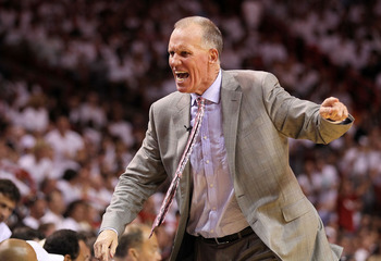 MIAMI, FL - APRIL 27:  Philadelphia 76ers head coach Doug Collins yells during game five of the Eastern Conference Quarterfinals in the 2011 NBA Playoffs against the Miami Heat at American Airlines Arena on April 27, 2011 in Miami, Florida. NOTE TO USER: