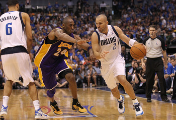 DALLAS, TX - MAY 08:  Guard Jason Kidd #2 of the Dallas Mavericks dribbles the ball past Kobe Bryant #24 of the Los Angeles Lakers in Game Four of the Western Conference Semifinals during the 2011 NBA Playoffs on May 8, 2011 at American Airlines Center in
