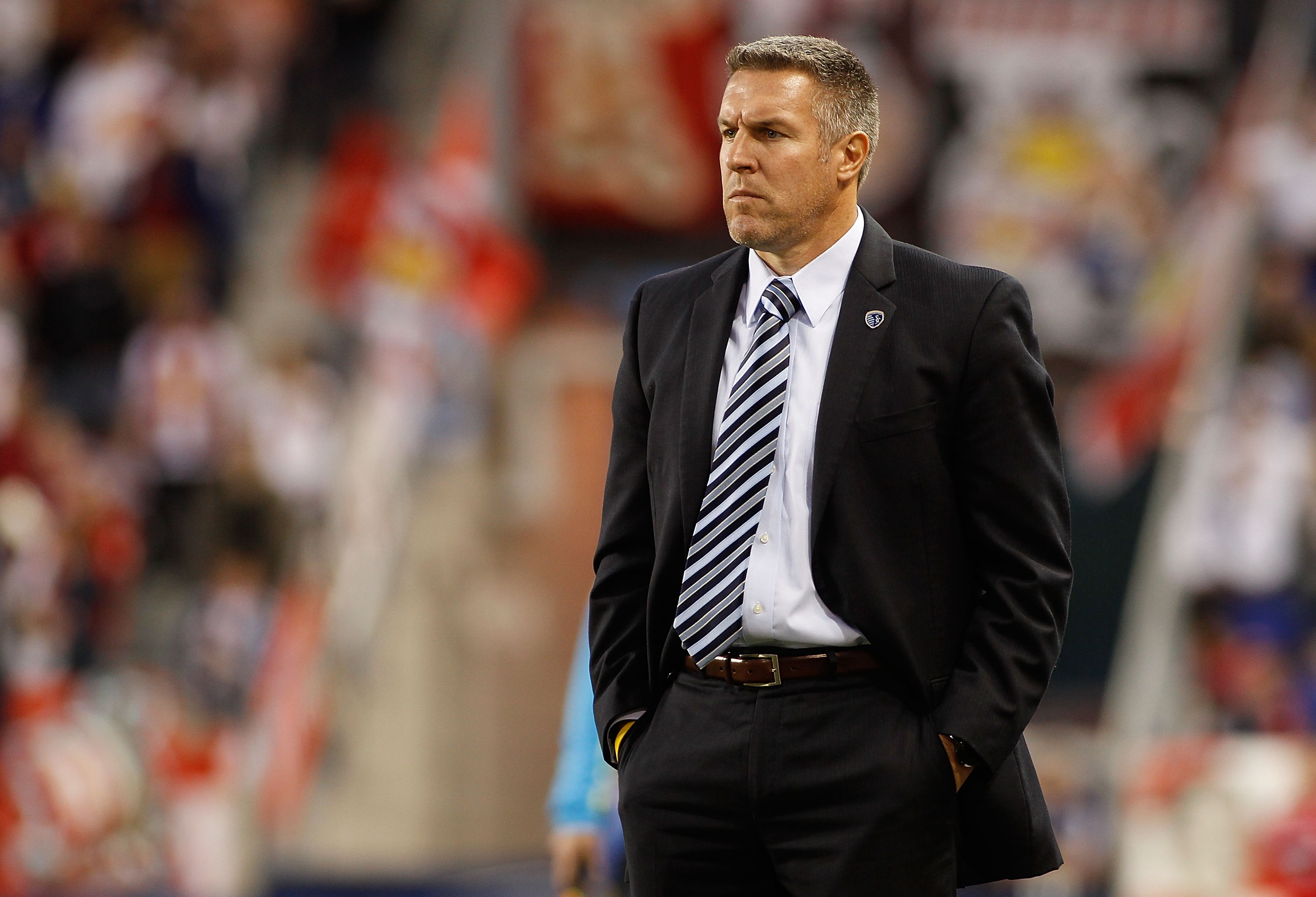 HARRISON, NJ - APRIL 30: Head coach Peter Vermes of the Sporting KC looks on during their match against New York Red Bulls on April 30, 2011 at Red Bull Arena in Harrison, New Jersey. The Red Bulls defeated the Sporting KC 1-0. (Photo by Mike Stobe/Get