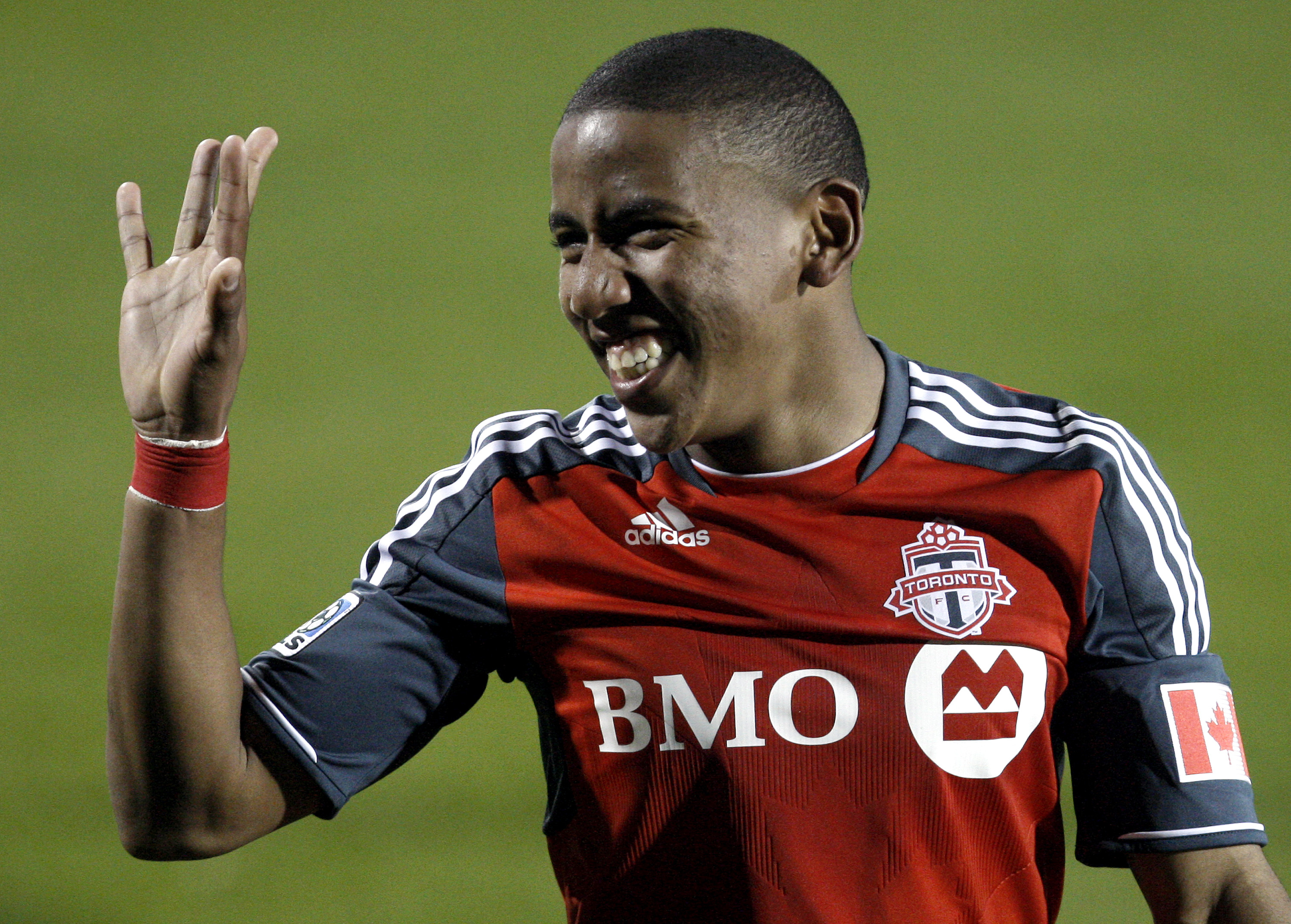 TORONTO, CANADA - MAY 7: Joao Plata #7 of Toronto FC celebrates his goal against the Houston Dynamo during MLS action at BMO Field May 7, 2011 in Toronto, Ontario, Canada. (Photo by Abelimages/Getty Images)