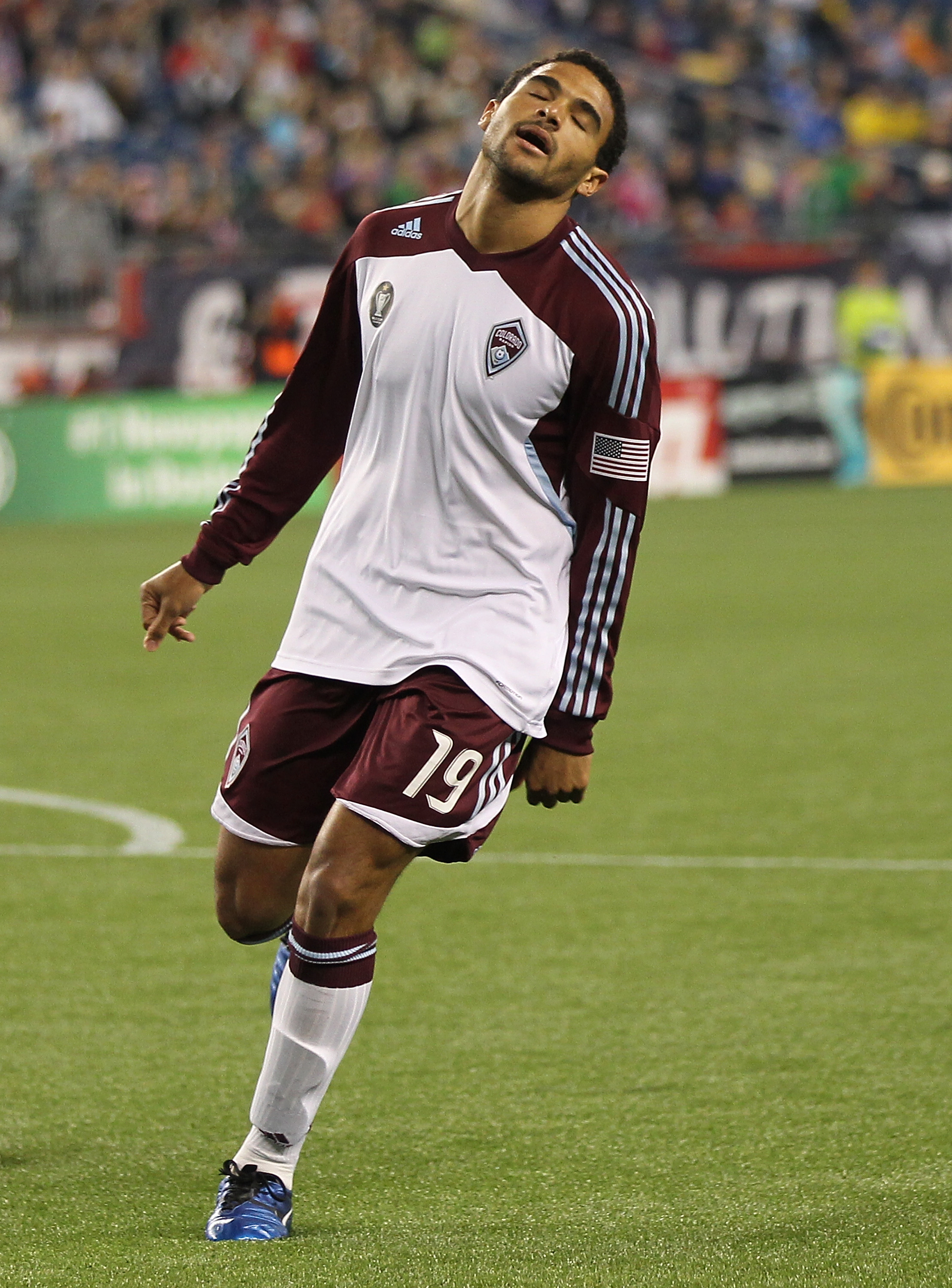 FOXBORO, MA - MAY 7: Andre Akpan #19 of Colorado Rapids reacts after a missed opportunity during a game against the New England Revolution at Gillette Stadium on May 7, 2011 in Foxboro, Massachusetts. (Photo by Jim Rogash/Getty Images)