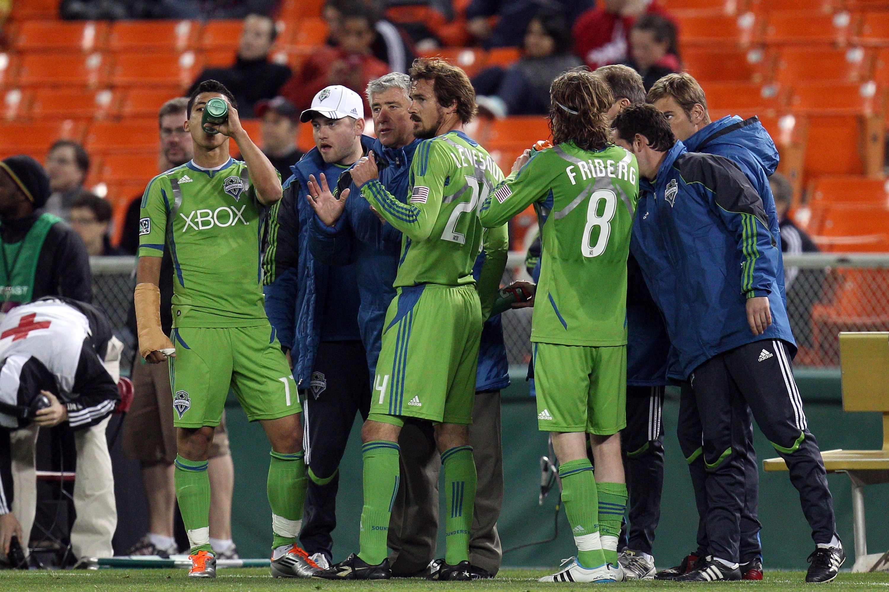 WASHINGTON, DC - MAY 4: Head coach Sigi Schmid of the Seattle Sounders speaks with players against D.C. United at RFK Stadium on May 4, 2011 in Washington, DC. (Photo by Ned Dishman/Getty Images)