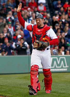 BOSTON - OCTOBER 3:  Jason Varitek #33 of the Boston Red Sox  reacts to fan applause as he leaves the field  for a replacement in the ninth inning against the New York Yankees at Fenway Park, October 3, 2010, in Boston, Massachusetts. The Red Sox won 8-4.