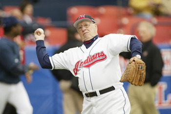 WINTER HAVEN, FL - MARCH 3:  Former Indian and Hall of Fame pitcher Bob Feller throws the ball around before a Spring Training game against the Houston Astros on March 3, 2005 at Chain-O-Lakes Park in Winter Haven, Florida. The Indians won 7-3. (Photo by