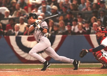 24 Oct 1996: Batter Derek Jeter of New York Yankees makes contact with a pitch during the Yankees 1-0 win over the Atlanta Braves in Game 5 of the World Series at Fulton County Stadium in Atlanta, Georgia.