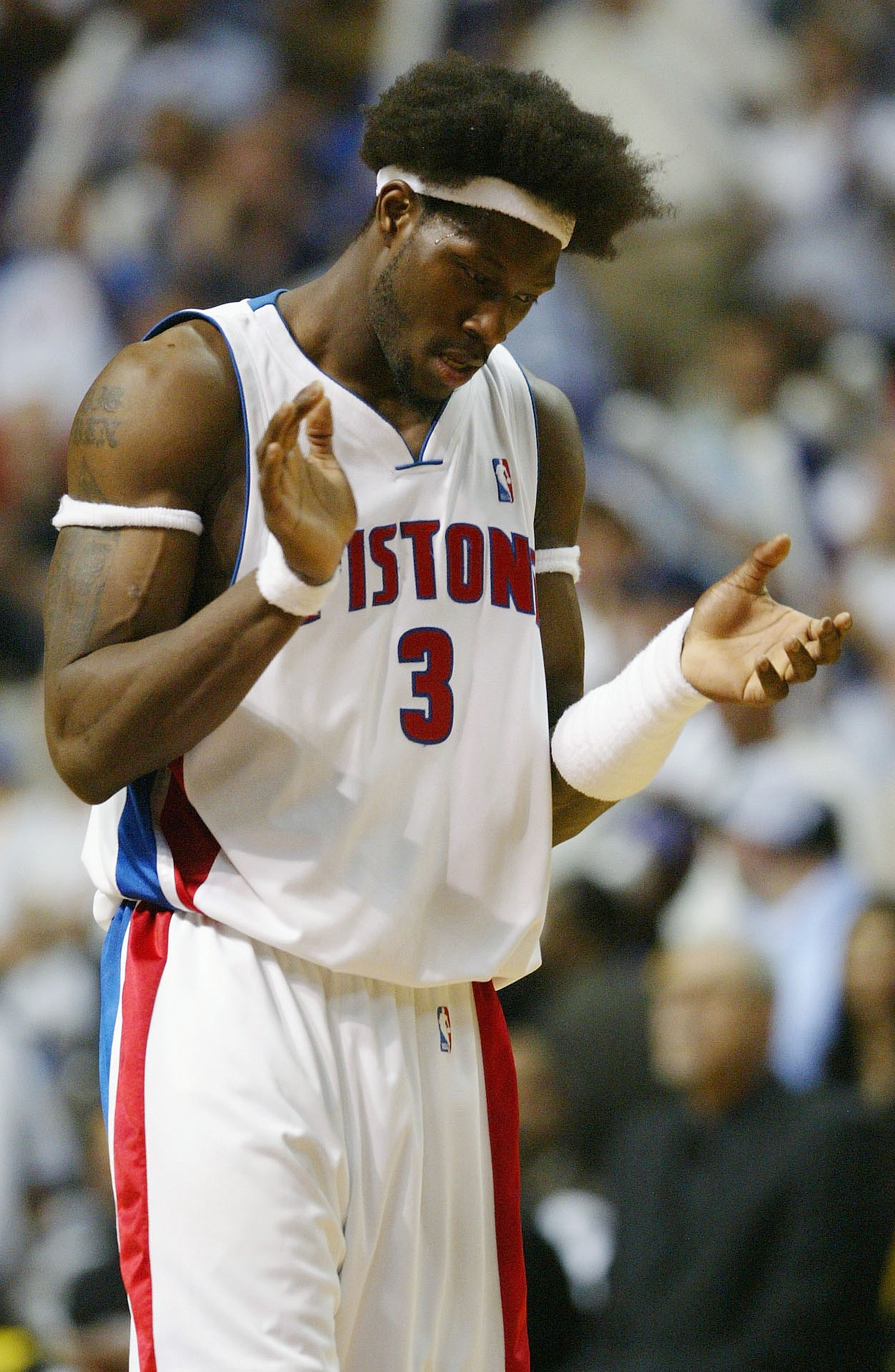 AUBURN HILLS, MI - JUNE 13:  Ben Wallace #3 of the Detroit Pistons celebrates after defeating the Los Angeles Lakers 88-80 in Game Four of the 2004 NBA Finals on June 13, 2004 at The Palace of Auburn Hills in Auburn Hills, Michigan.  NOTE TO USER: User ex