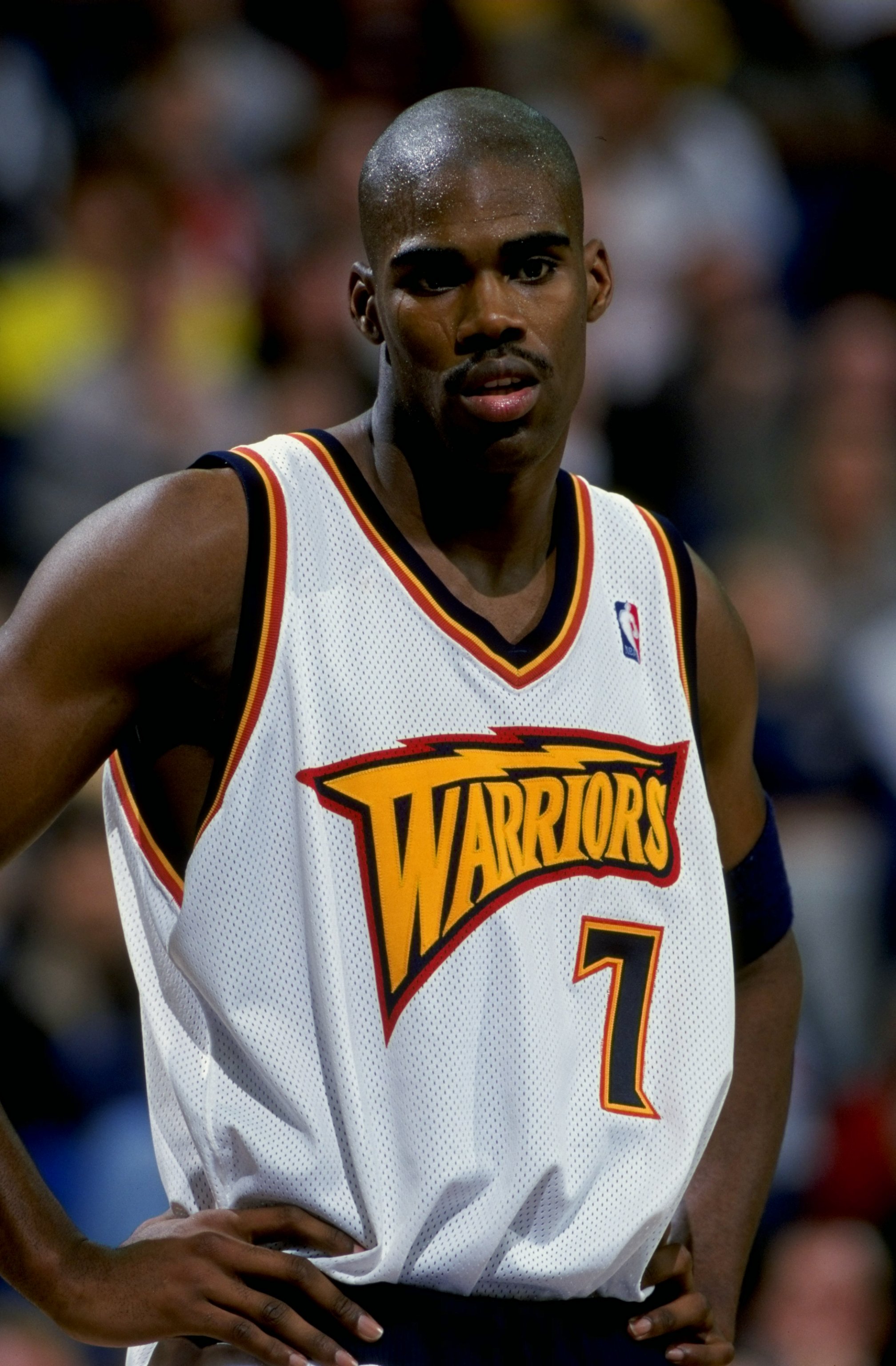 15 Feb 1999:  Antawn Jamison #7 of the Golden State Warriors looks on during the game against the Minnesota Timberwolves at the Oakland Arena in Oakland, California. The Warriors defeated the Timberwolves 101-99.  Mandatory Credit: Todd Warshaw  /Allsport
