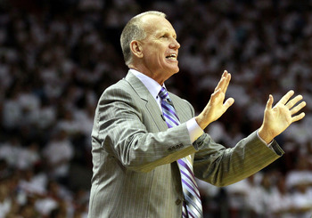 MIAMI, FL - APRIL 16:  Heach Coach Doug Collins of the Philadelphia 76ers shouts at his team while playing the Miami Heat at the American Airlines Arena in game one of the Eastern Conference Quarterfinals in the 2011 NBA Playoffs on April 16, 2011 in Miam