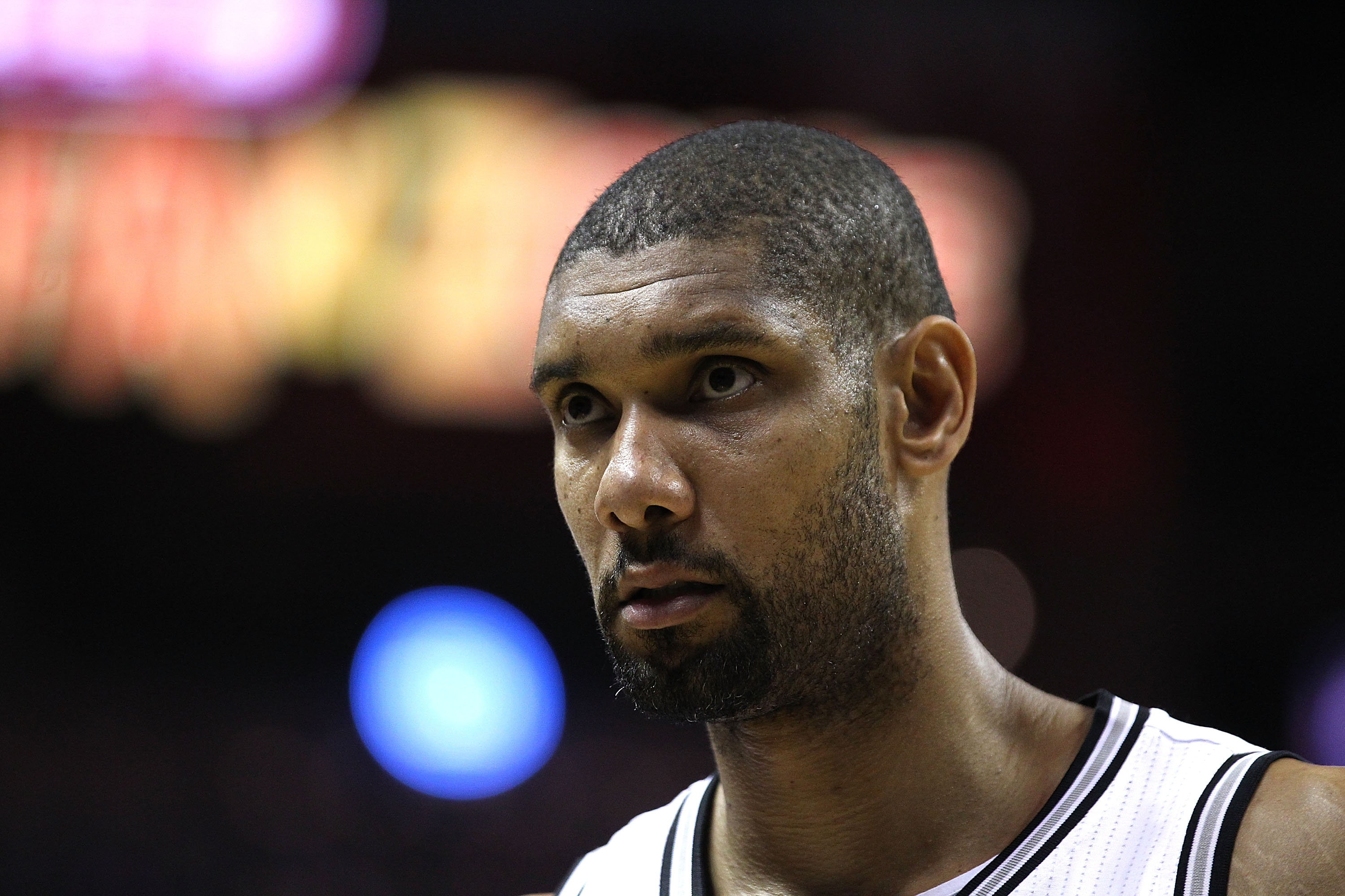 SAN ANTONIO, TX - APRIL 27:  Tim Duncan #21 of the San Antionio Spurs looks on against the Memphis Grizzlies in Game Five of the Western Conference Quarterfinals in the 2011 NBA Playoffs on April 27, 2011 at AT&T Center in San Antonio, Texas. NOTE TO USER
