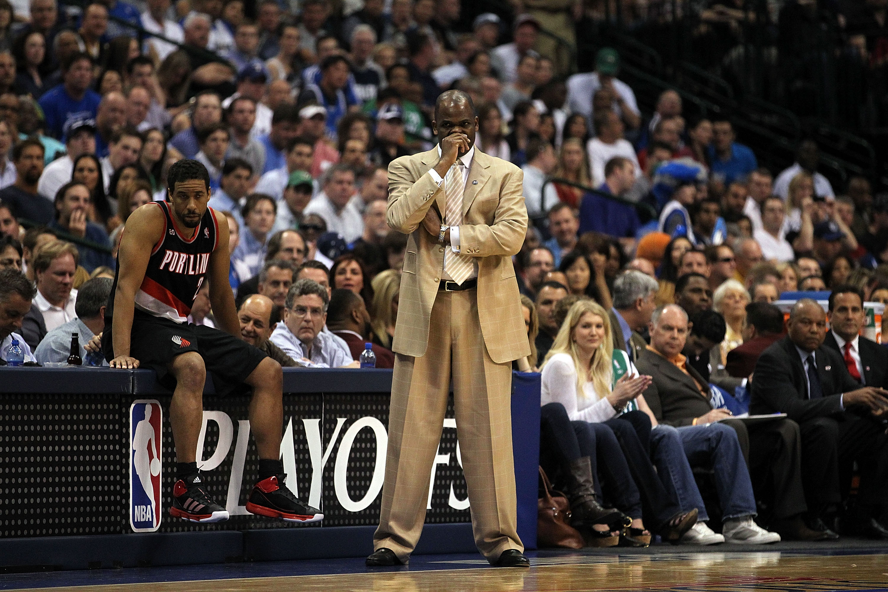 DALLAS, TX - APRIL 25: Head coach Nate McMillan and Andre Miller #24 of the Portland Trail Blazers during a loss against the Dallas Mavericks in Game Five of the Western Conference Quarterfinals during the 2011 NBA Playoffs on April 25, 2011 at American