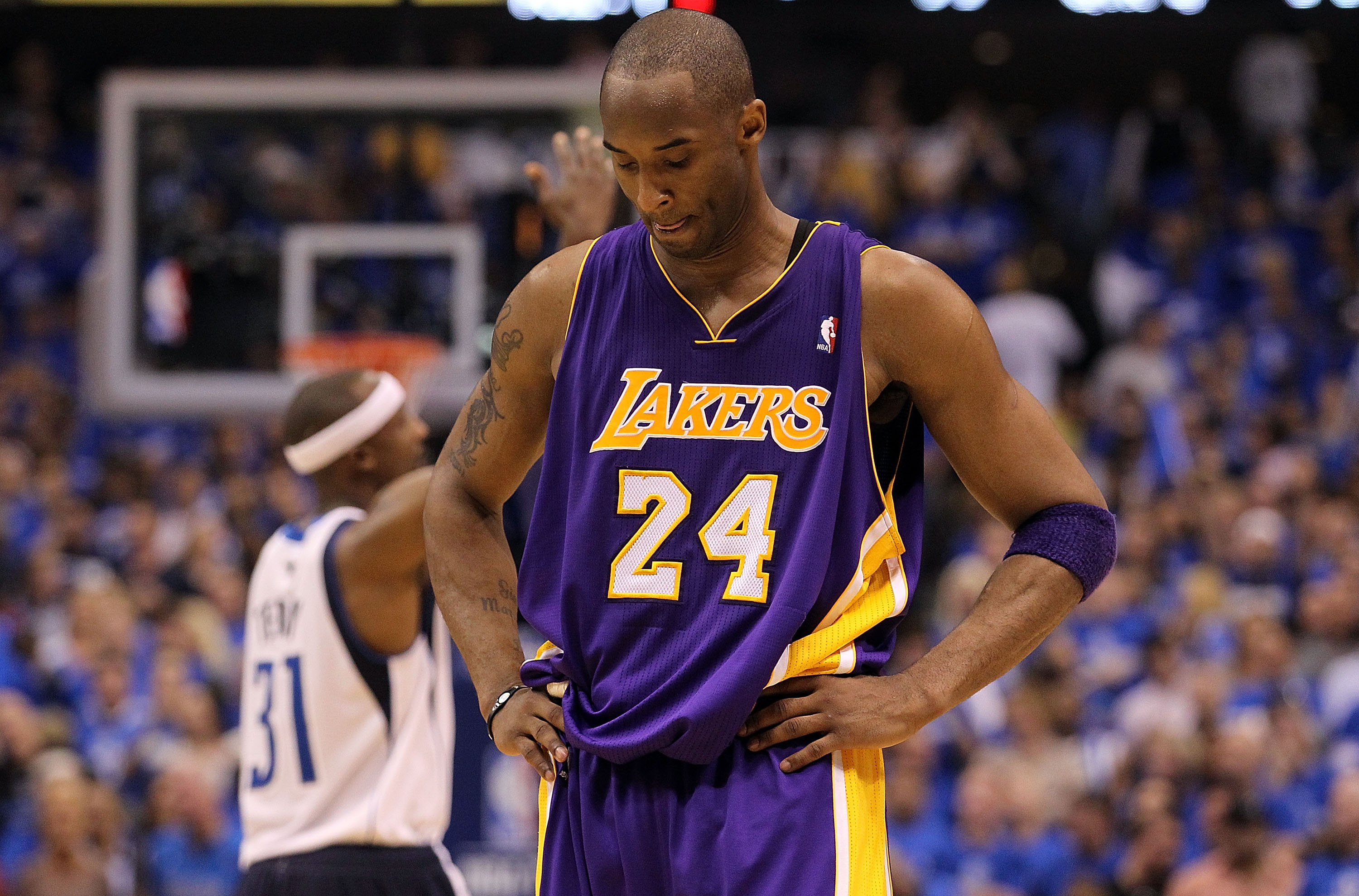 DALLAS, TX - MAY 06:  Guard Kobe Bryant #24 of the Los Angeles Lakers reacts during a 98-92 loss against the Dallas Mavericks in Game Three of the Western Conference Semifinals during the 2011 NBA Playoffs on May 6, 2011 at American Airlines Center in Dal