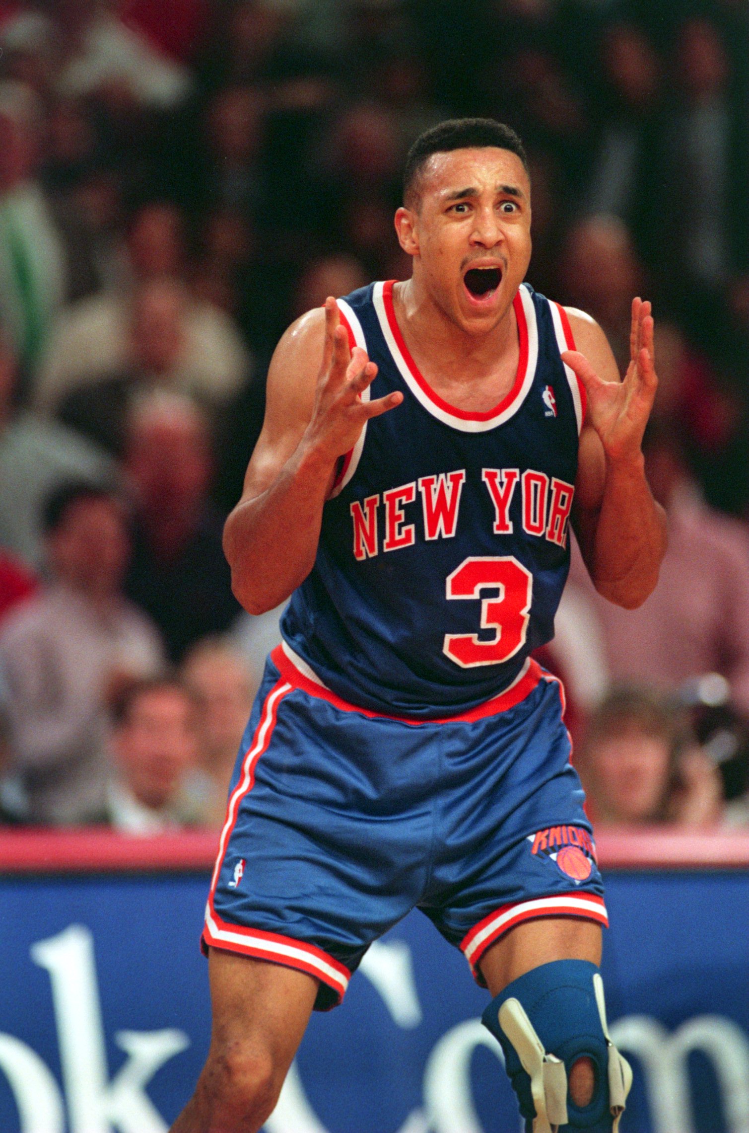 13 May 1994:  An animated John Starks of the New York Knicks vents his frustration during the Knicks 104-102 defeat by the Chicago Bulls in the second round of the 1994 NBA Playoffs.  Mandatory Credit: Jonathan Daniel/Allsport